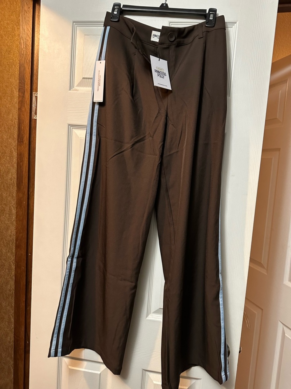 Princess Polly Brown Wide Leg Pants with Light Blue Side Stripe